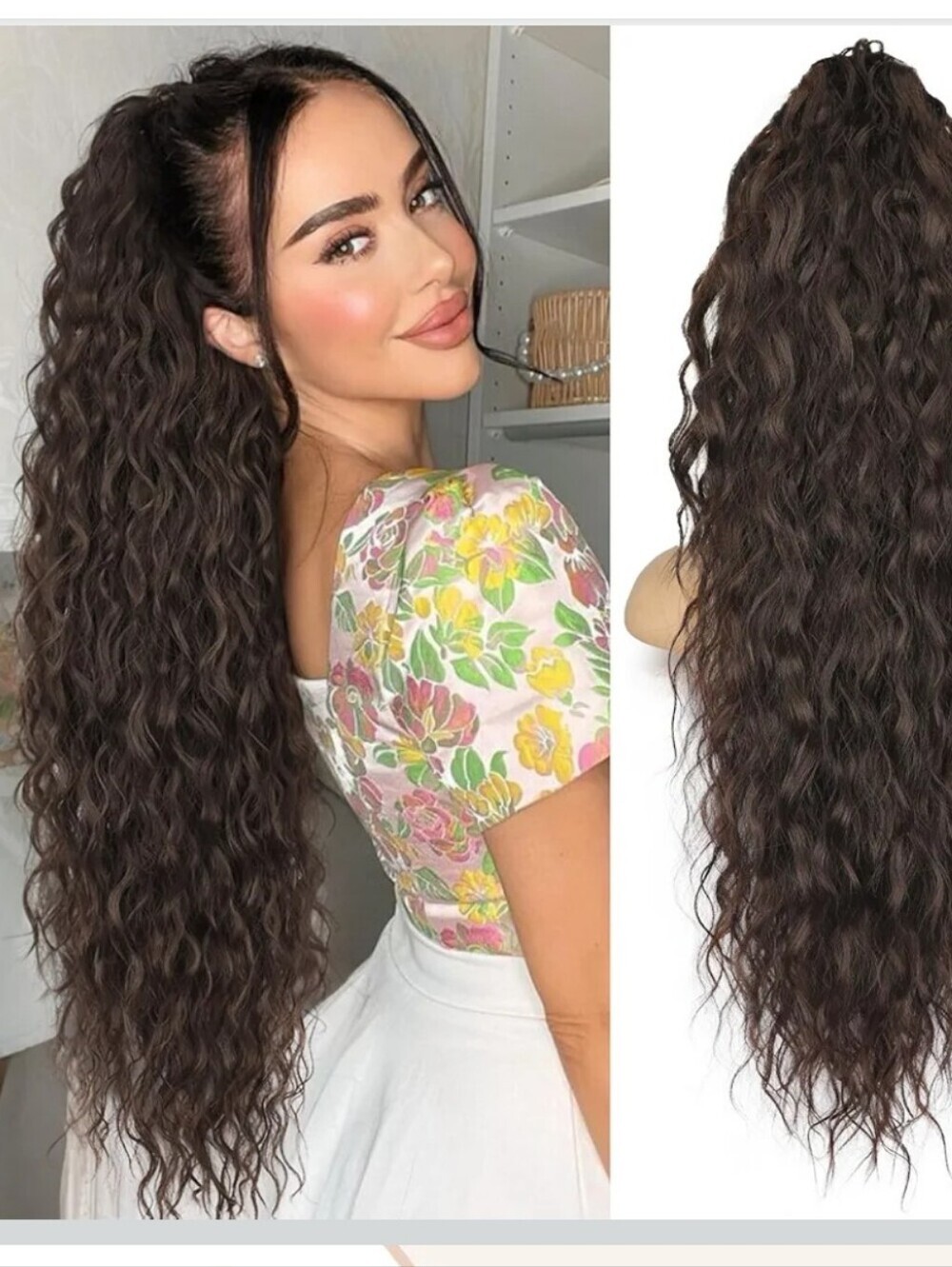 30 Inches Dark Brown Wavy Clip-In Ponytail Extension - Natural Fuller Volume